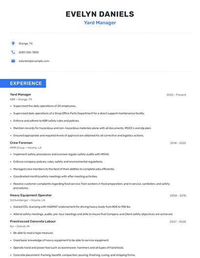 Yard Manager Resume