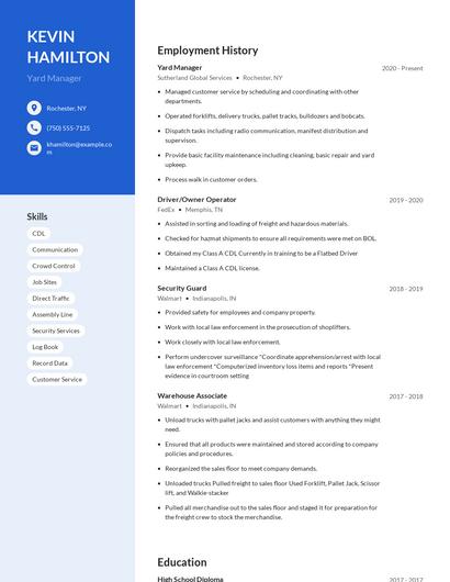 Yard Manager Resume
