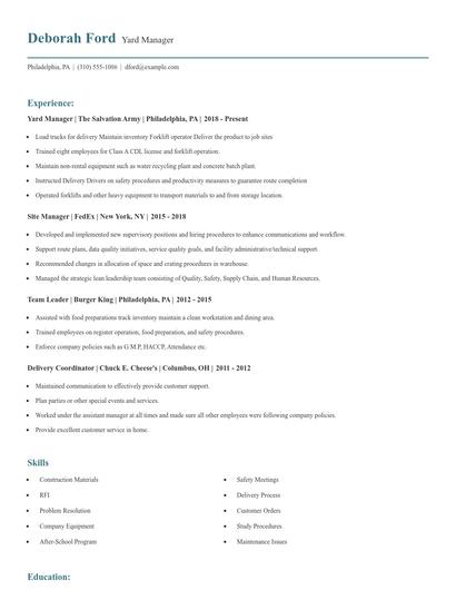 Yard Manager Resume