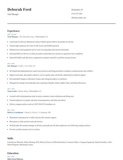 Yard Manager Resume