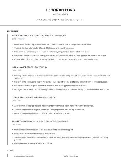 Yard Manager Resume