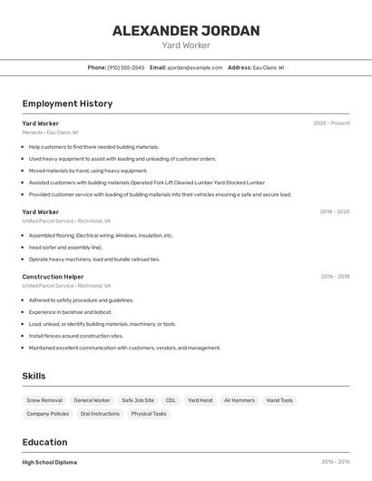 Yard Worker Resume