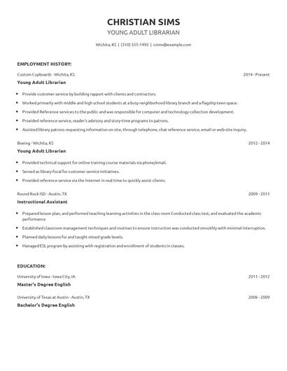 Young Adult Librarian Resume