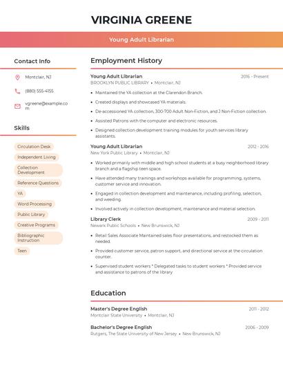 Young Adult Librarian Resume