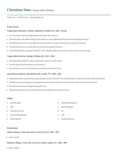 Young Adult Librarian Resume