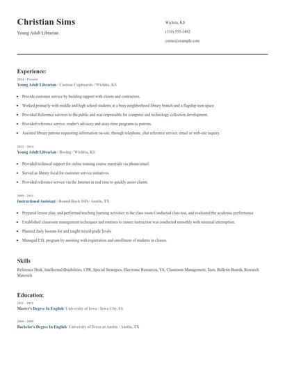 Young Adult Librarian Resume