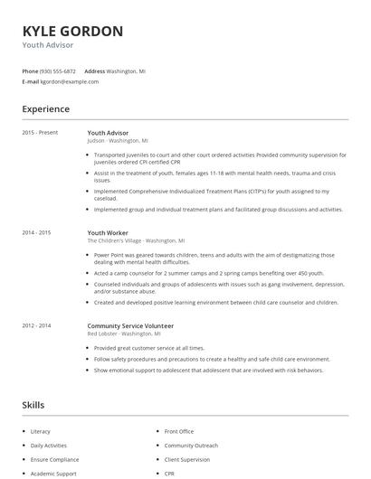 Youth Advisor Resume