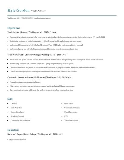 Youth Advisor Resume