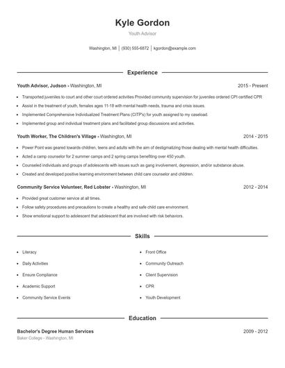 Youth Advisor Resume