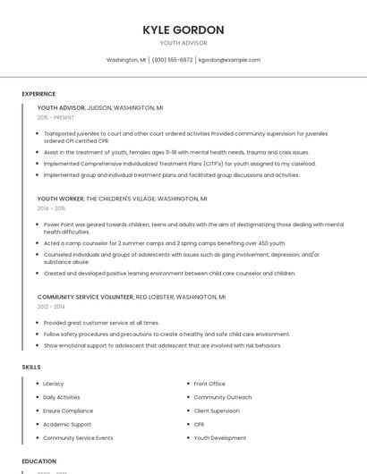 Youth Advisor Resume