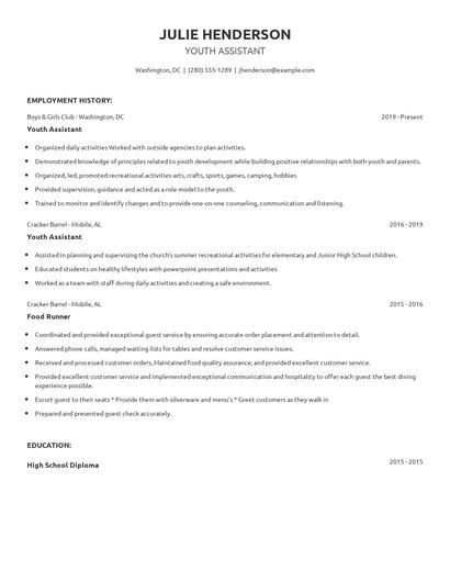 Youth Assistant Resume