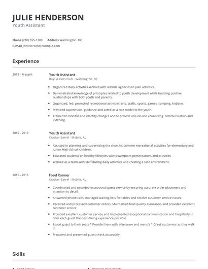 Youth Assistant Resume