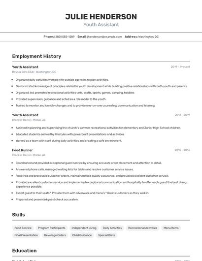 Youth Assistant Resume