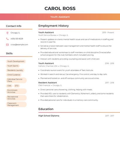 Youth Assistant Resume