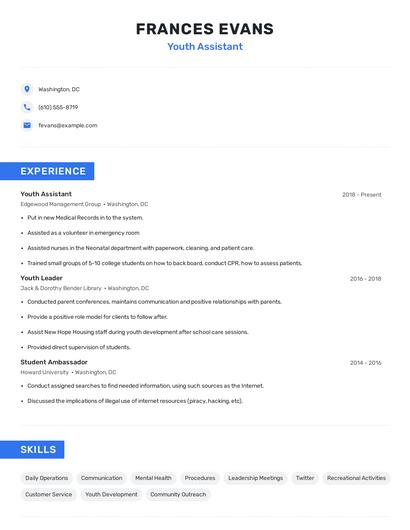 Youth Assistant Resume