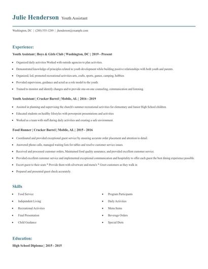 Youth Assistant Resume