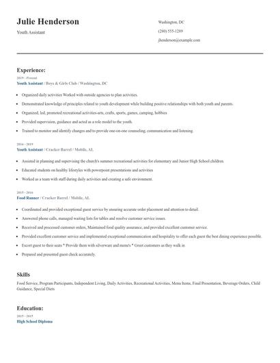Youth Assistant Resume