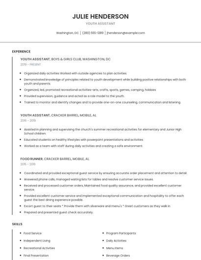Youth Assistant Resume