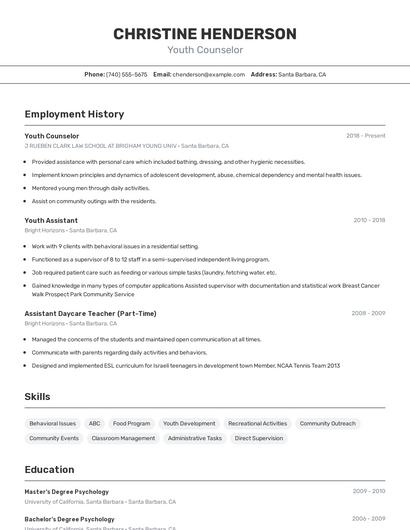 Youth Counselor Resume