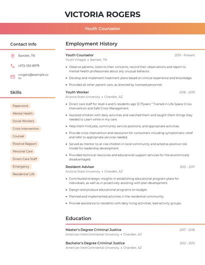 Youth Counselor Resume