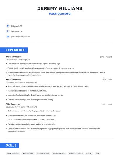 Youth Counselor Resume