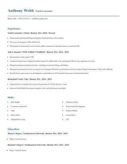 Youth Counselor Resume