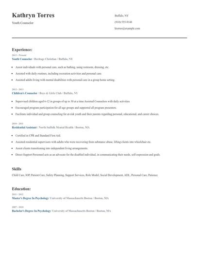Youth Counselor Resume