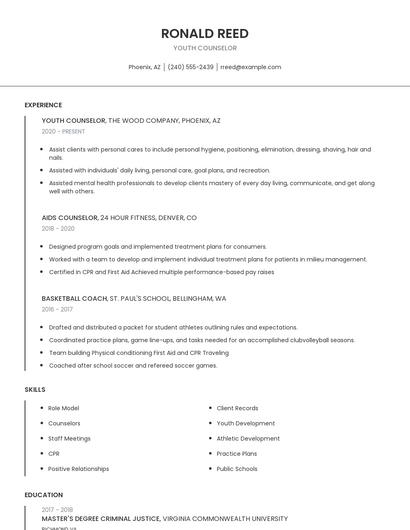 Youth Counselor Resume