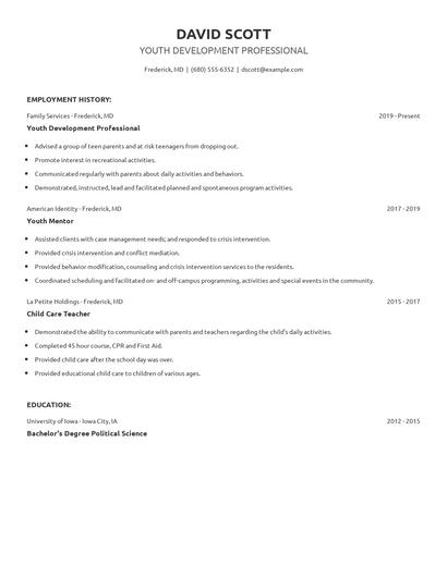 Youth Development Professional Resume