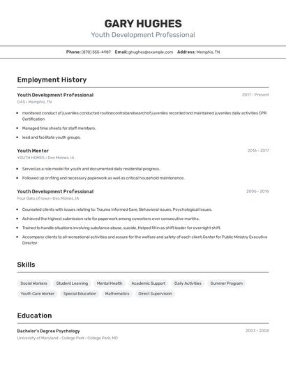 Youth Development Professional Resume