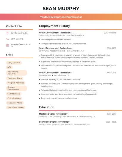 Youth Development Professional Resume