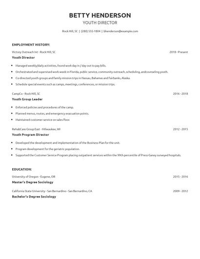 Youth Director Resume