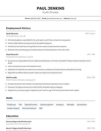 Youth Director Resume