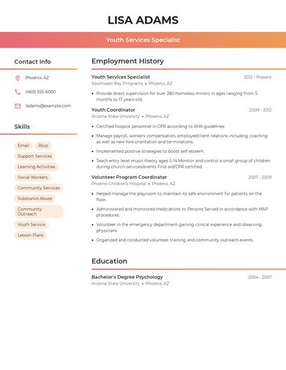 Youth Services Specialist Resume