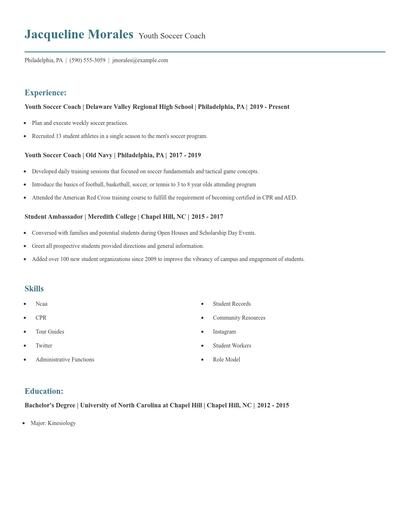 Youth Soccer Coach Resume