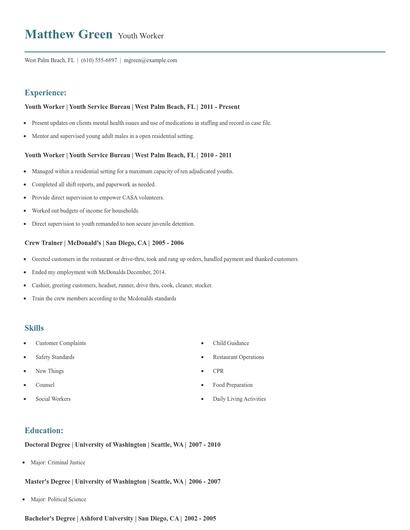 Youth Worker Resume
