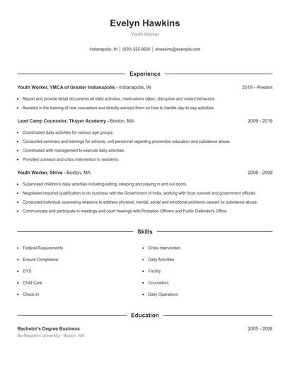 Youth Worker Resume