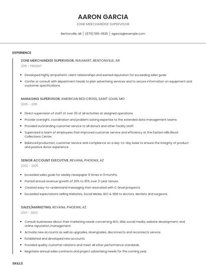 Zone Merchandise Supervisor Resume