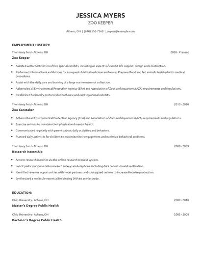 Zoo Keeper Resume