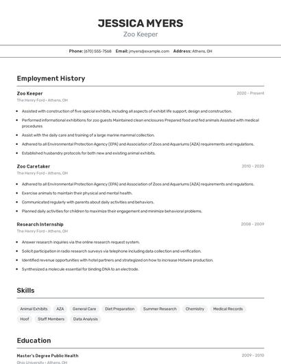 Zoo Keeper Resume