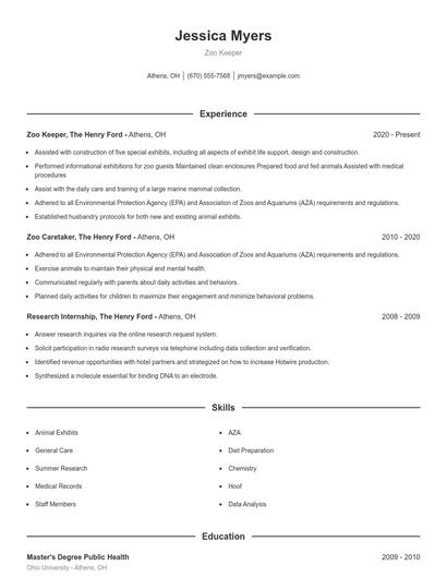 Zoo Keeper Resume