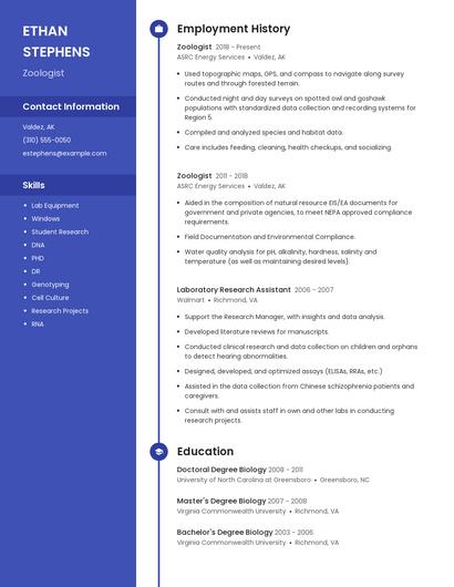 Zoologist Resume