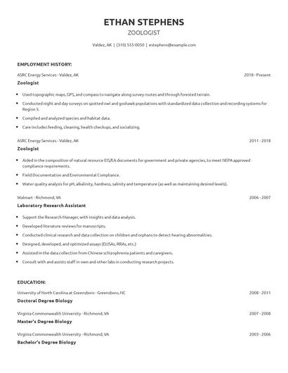 Zoologist Resume