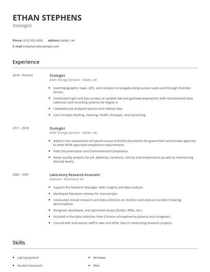 Zoologist Resume