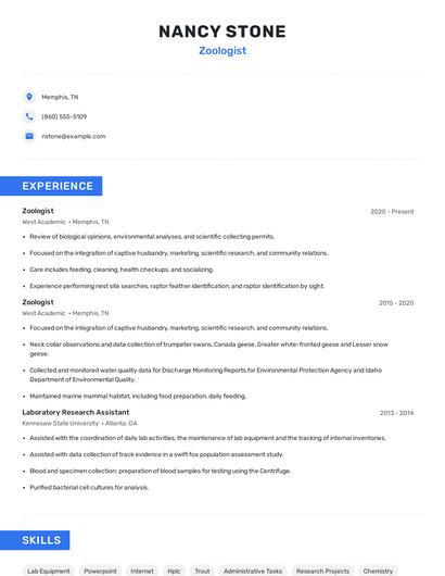 Zoologist Resume