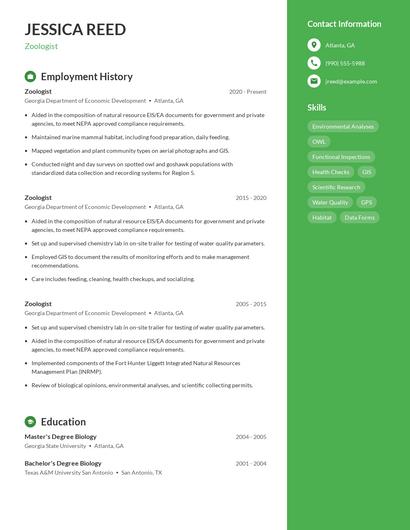 Zoologist Resume