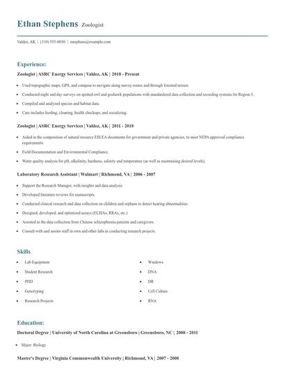 Zoologist Resume