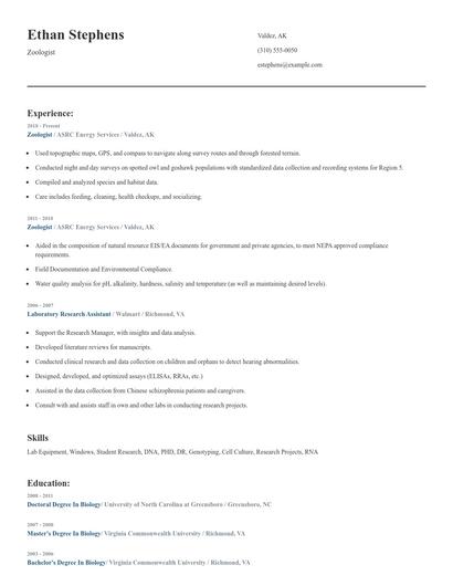 Zoologist Resume