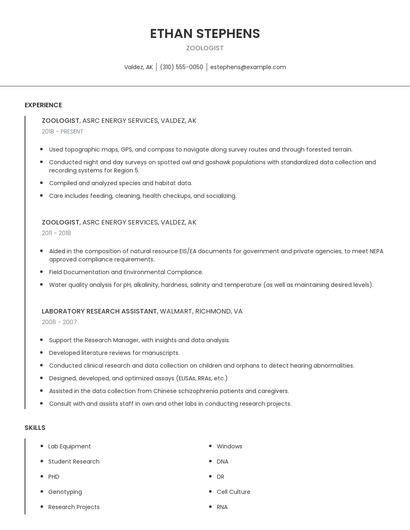 Zoologist Resume
