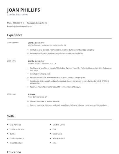 Zumba Instructor Resume